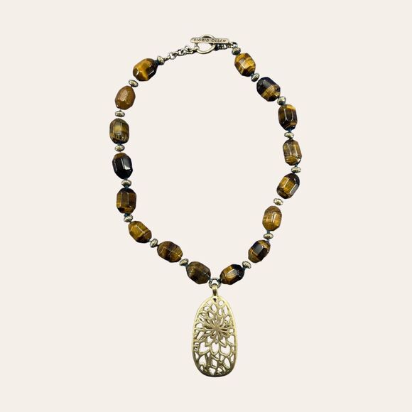 Sigrid Olsen Tiger Eye Bead Necklace with Gold Tone Cutwork Pendant Designer - Picture 1 of 8